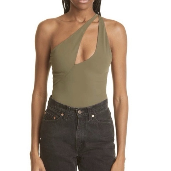 Alix NYC Page Army Green One Shoulder Cutout Bodysuit Keyhole Asymmetrical XS - Picture 3 of 10